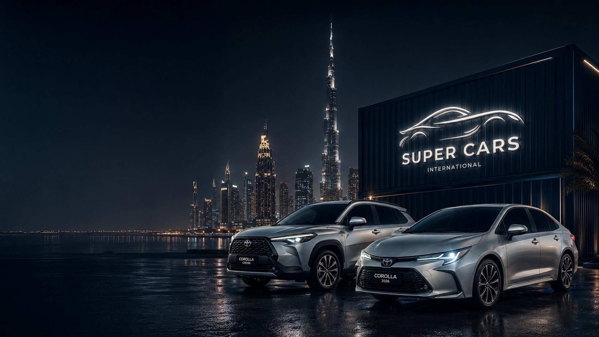 Super Cars International Dubai — Corolla Cross y Corolla 2026 frente al Burj Khalifa